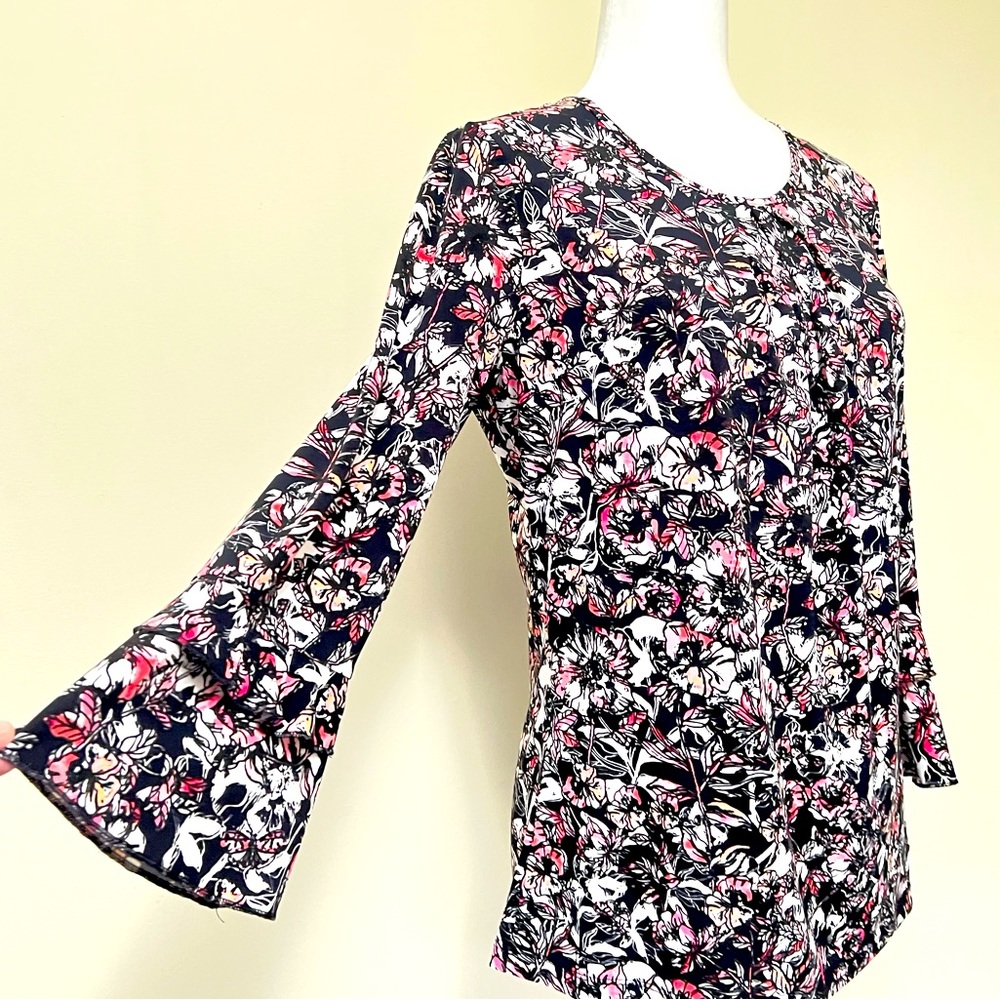 Karl Lagerfeld NEW Stretch Black w Red/Pink Floral Bell Sleeve Top Pullover S/M